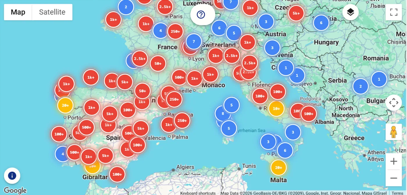 Mapa real de Admin4Dis con las plazas agrupadas por Europa