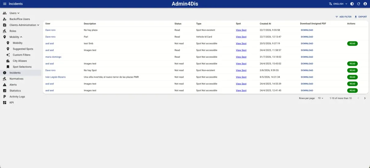 Vista real del módulo Incidents de Admin4Dis con el listado de incidencias