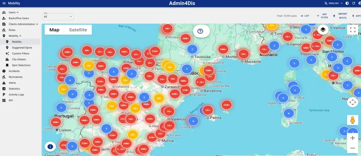 Vista real del módulo Mobility de Admin4Dis con el mapa de plazas PMR de València