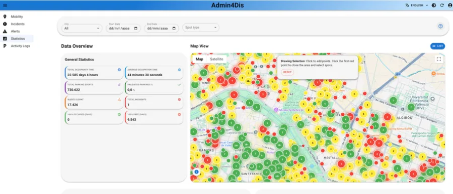 Vista real de Admin4Dis con distintos activos y estados representados en el mapa